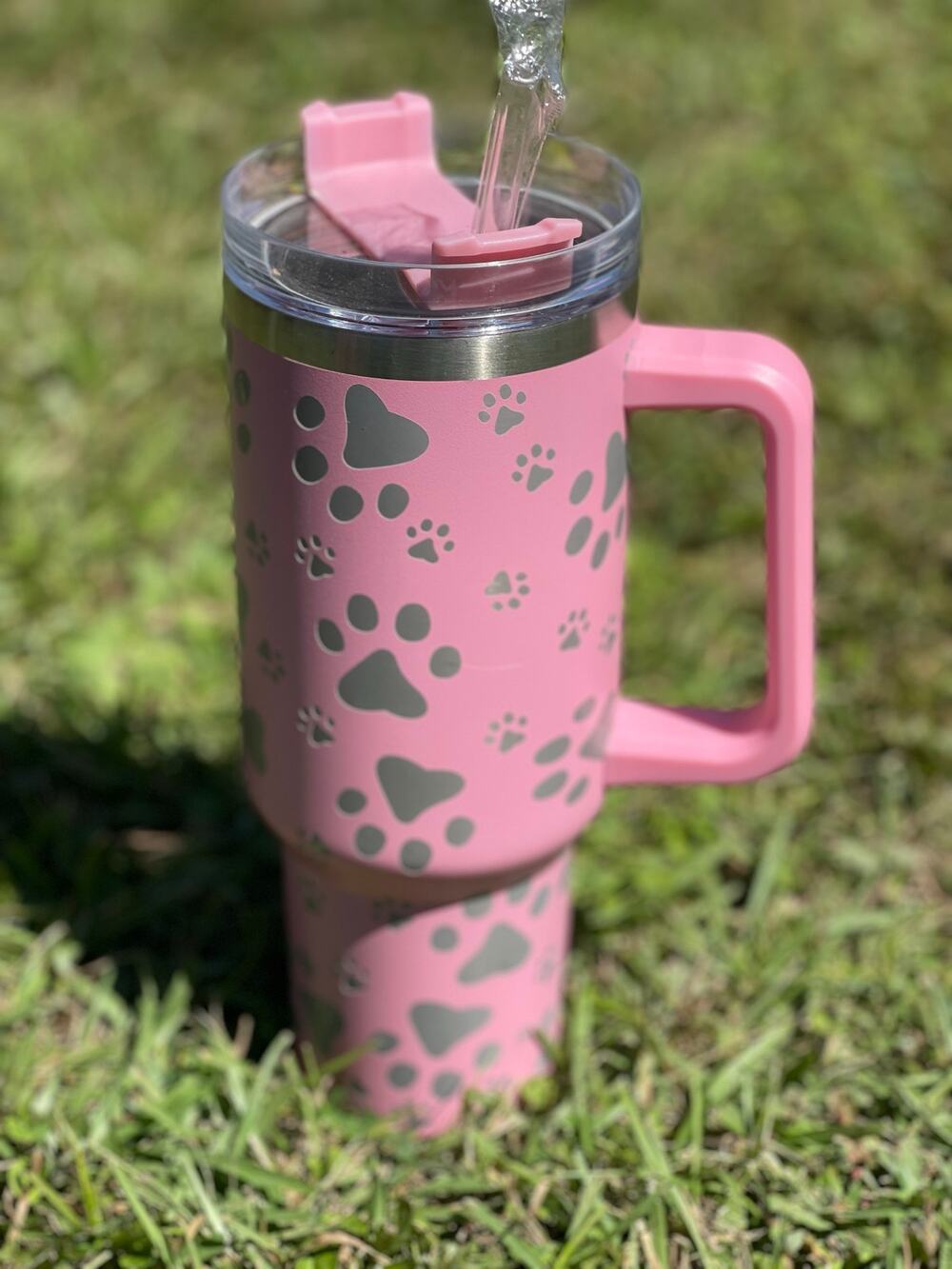 40oz Paw Print Stainless Steel Tumbler w/ handle and straw Light Pink